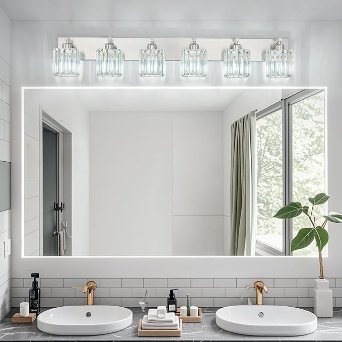 Modern Vanity Light 6-Lights Brushed Nickel Vanity Light Crystal Bathroom Wall Light Bathroom Light Fixtures