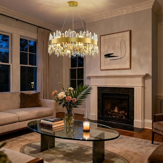 Modern Crystal Chandelier, 24in K9 Crystal Chandeliers for Dining Room, 12 Lights 2 Tier Dimmable Round Gold Chandelier, Adjustable Modern Chandeliers for Living Room, Bedroom, Bathroom, Kitchen Foyer