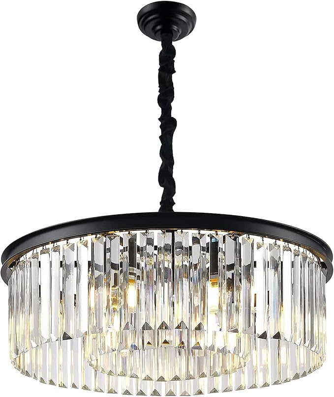 Black Modern Crystal Chandelier Lighting Semi Flush Mount Ceiling Light Fixture 2-Tier K9 Crystal Hanging Pendant Light for Dining Room Kitchen Island Living Room Bedroom Hallway 21.6inch…