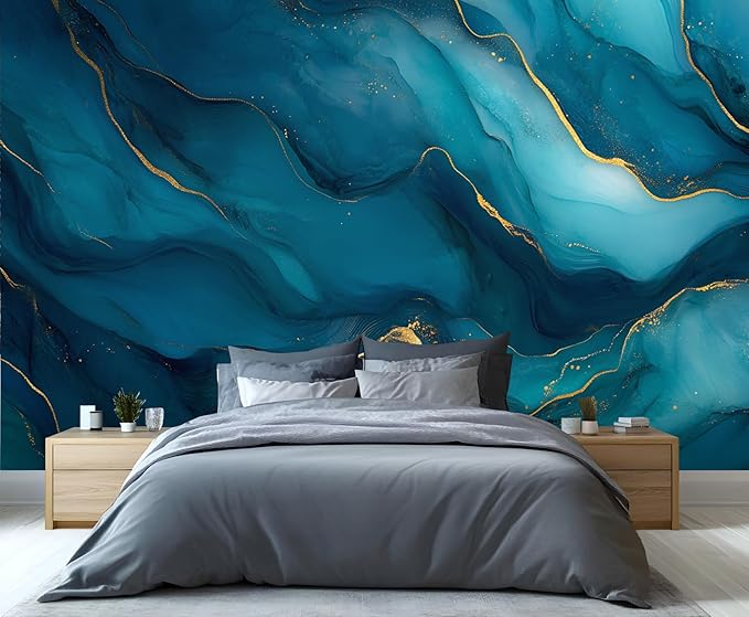 Blue Gold Marble Mural Wallpaper, Modern Fashion Marble Murals, Abstract 3D Gold Texture Murals, Wallpaper for Living Room Bedroom Boy Girl Room Home Decor Mural (Not Peel Stick)