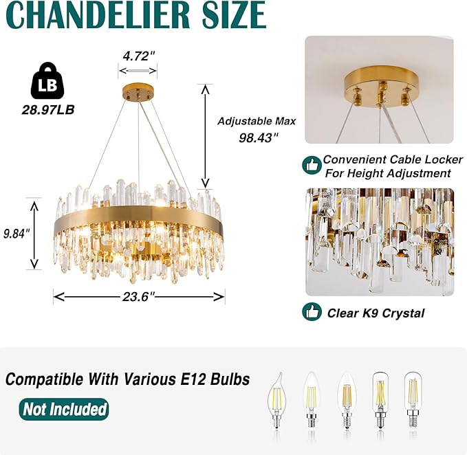 Modern Crystal Chandelier,Luxury Round 2 Tiers K9 Crystal Chandelier, 12-Light Brass Gold Round Flush Mount Ceiling Light Fixture for Dining Room Kitchen Foyer,D 23.6"