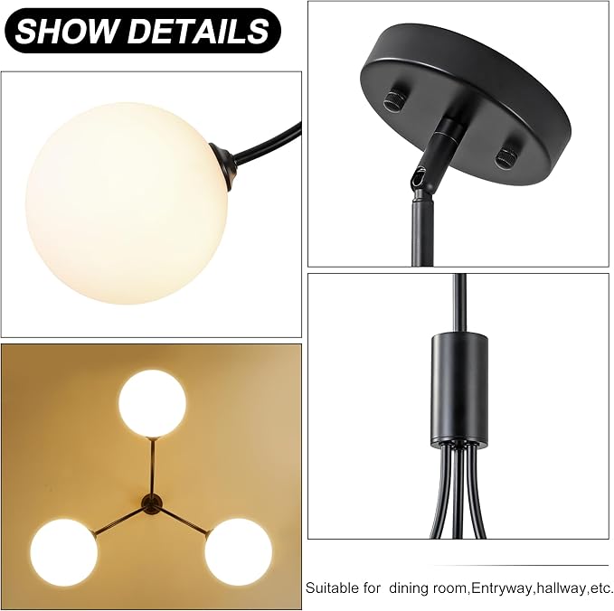 3-Light Modern Farmhouse Black Chandeliers for Entryway, Mid Century Milk Globe Sputnik Chandelier, Vintage Pendant Lighting for Kitchen Island Dining Room Foyer Bedroom Bathroom