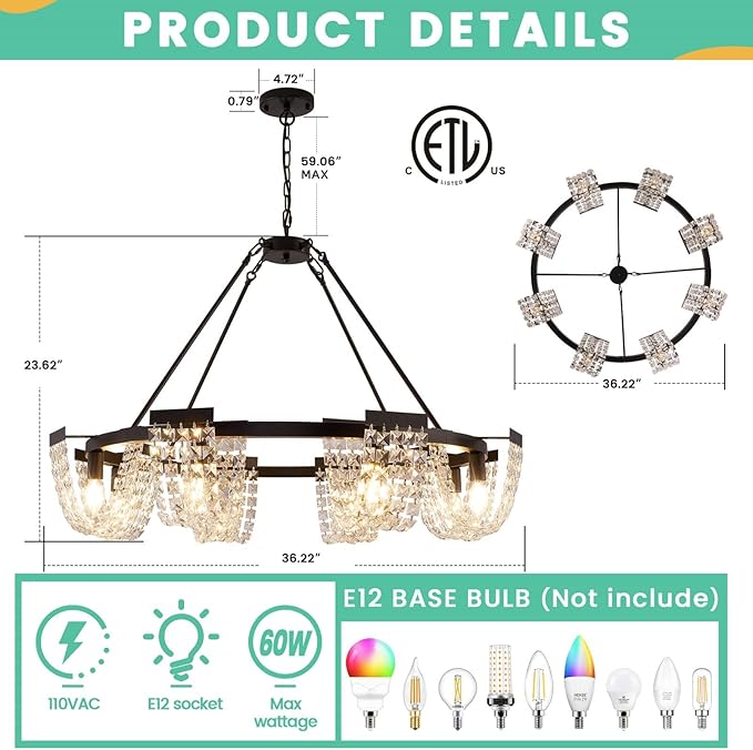 36" Black Chandelier, 6-Light Crystal Chandeliers for Dining Room, Dining Room Light Fixtures Over Table, Farmhouse Kitchen Island Lighting, Modern Pendant Lights for Living Room, Bedroom, Entryway