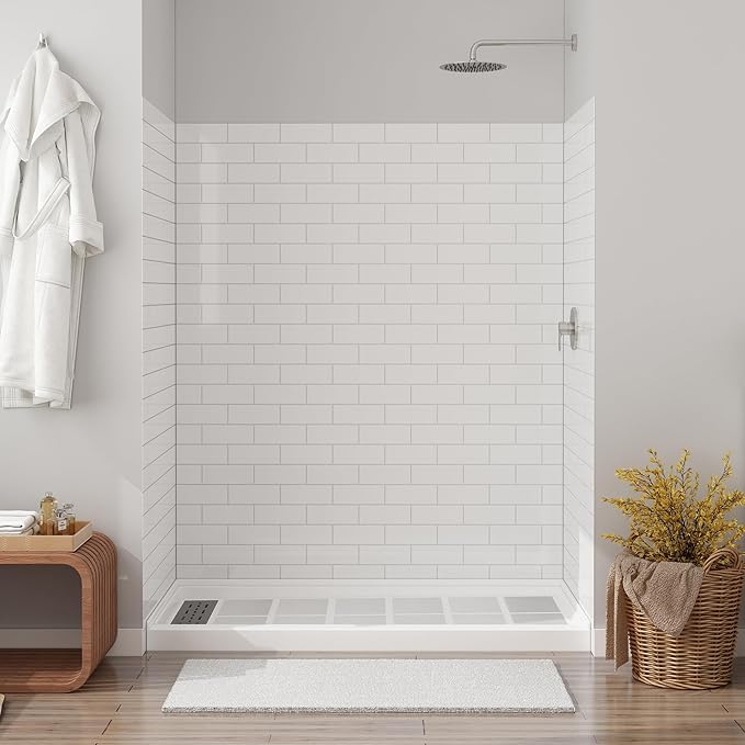 CASAINC Shower Wall Panels, Waterproof Wall Panels for Showers, Shower Surround Kit 3 Piece, 36D x 60W x 75H, Glossy White Tile Finish, SMC Material, 3.5MM Thick, Quick Install and Trimmable