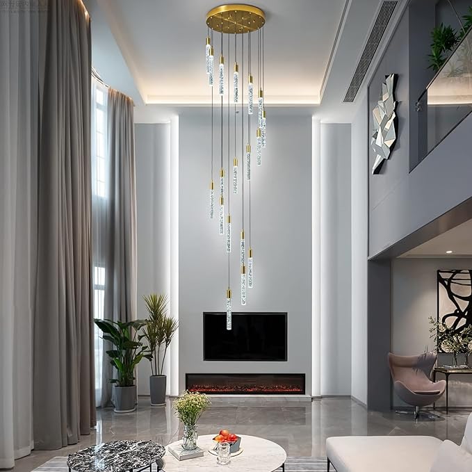 18-Light Modern Living Room Chandelier Gold Brass Finish Crystal Ceiling Pendant Lights LED Dimmable 108W 6000K Staircase Large Chandeliers for Entryway Lobby Foyer High Ceiling Chandeliers