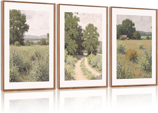 CHDITB Countryside Landscape Framed Canvas Wall Art Set, Nature Inspired Wall Decor, Pathway Art Spiritual Wall Painting, Vintage Art Prints for Living Room, Bedroom, Office - Large Size 16"x24"x3