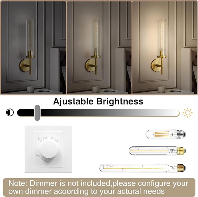 Antique Gold Wall Sconce 19.48" Modern Luxe Wall Lighting with Clear Glass Tube, Living Room Bedroom Bathroom Mirror Sconces, Staircase Decor Hallway Lamp Fixture(Including Bulb)