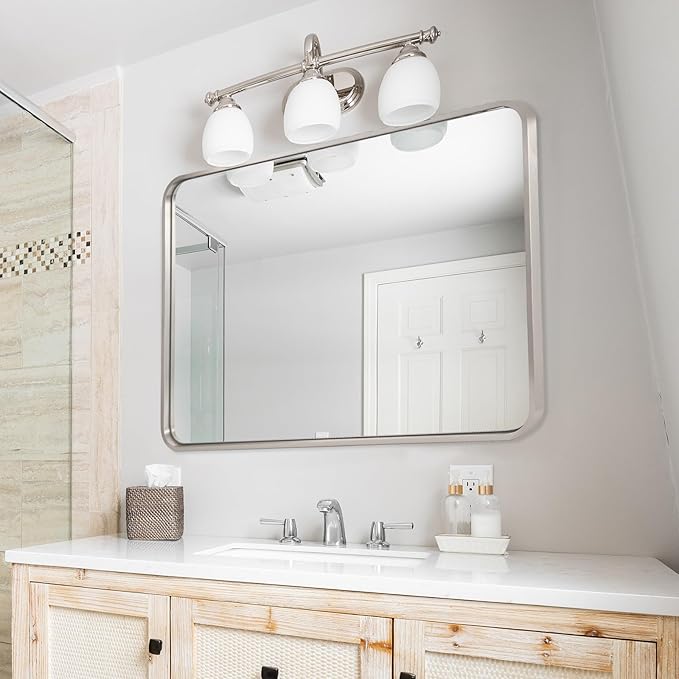 ANDY STAR 40”X30” Chrome Bathroom Mirror, Polished Chrome Bathroom Vanity Mirror, Rounded Rectangle Mirrors for Wall, SUS304 Anti-Rust Tube Metal Frame, Wall Mounted Horizontal/Vertical 1’’ Deep