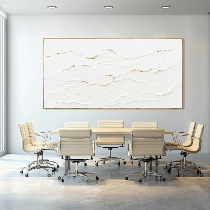 Large Wavy Line White Abstract Wall Art with Frame Minimalist Modern Hand drawn Painting Textured Poster for Living Room Dining Room Bedroom Decor 29"x58"