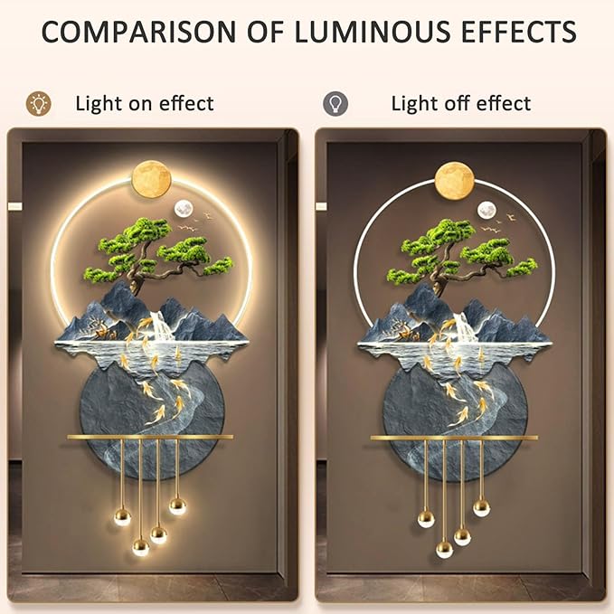 3D Art Wall Decor, Wall Sculptures Hanging Painting Koi Fish Welcoming Pine Wall Art Decoration Lamp,Oriental Decor Traditional Chinese Feng Shui Wall Hanging Painting,Wireless Remote Control