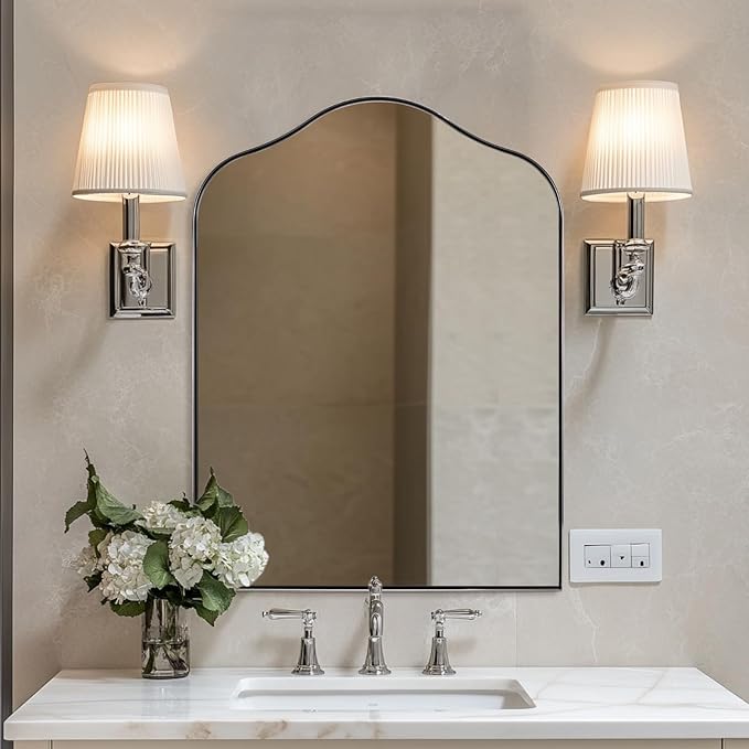 ANDY STAR Scalloped Arched Mirror, 30x40 Polished Chrome Irregular Bathroom Mirror for Vanity, Asymmetrical Curved Top with Anti-Rust Stainless Steel Frame, for Entryway, Bedroom, Mantel, Fireplace