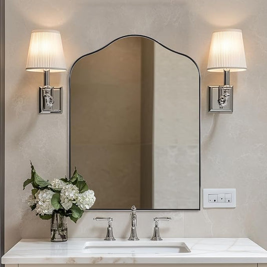 ANDY STAR Scalloped Arched Mirror, 30x40 Polished Chrome Irregular Bathroom Mirror for Vanity, Asymmetrical Curved Top with Anti-Rust Stainless Steel Frame, for Entryway, Bedroom, Mantel, Fireplace