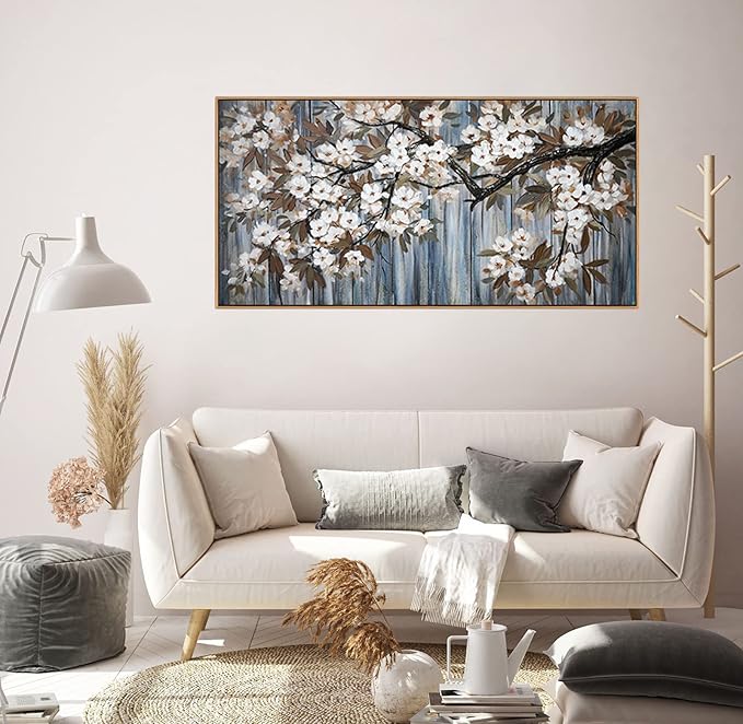 Large Canvas Framed Wall Art White Flowers Modern Canvas Wall Pictures for Living Room, Bedroom Family Wall Decor Decoration, Size 24x48 Wall Art(With Soild Wood Dark Framed)