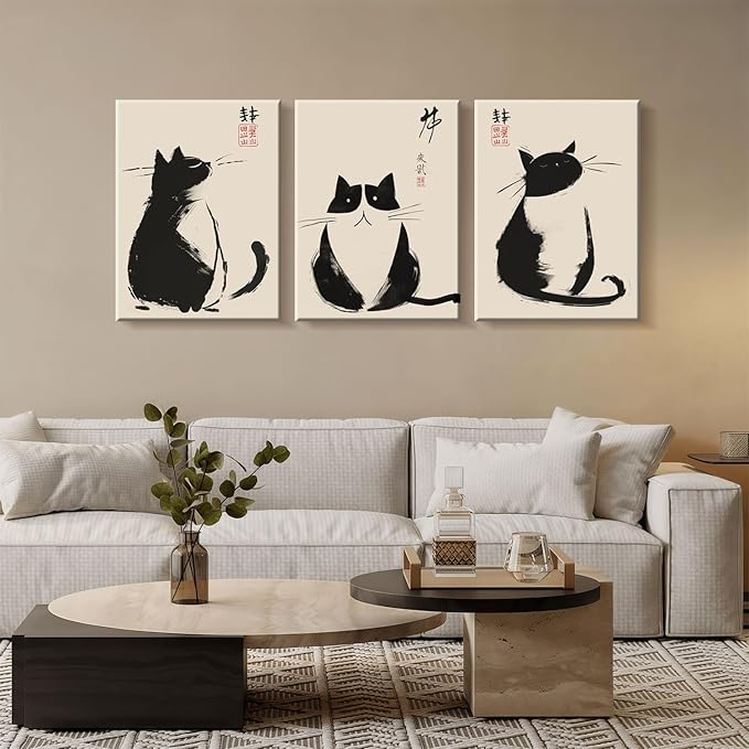 3Pcs Framed Black Cat Japanese Zen Ink Style Cute Funny Animal Wall Art Decor Canvas Print Picture Poster Gallery Bathroom Bedroom Living Room Office 16x24 Inch Ready to Hang