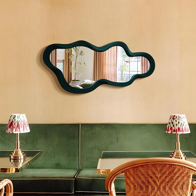 13.8x29.7 Big Decorative Mirror for Girly Bedroom Dresser Decor, Abstract Wavy Wall Mirrors for Home Book Coffee Shop Hotel Decoration, Unique Gift for Birthday Thanksgiving (Dark Green)