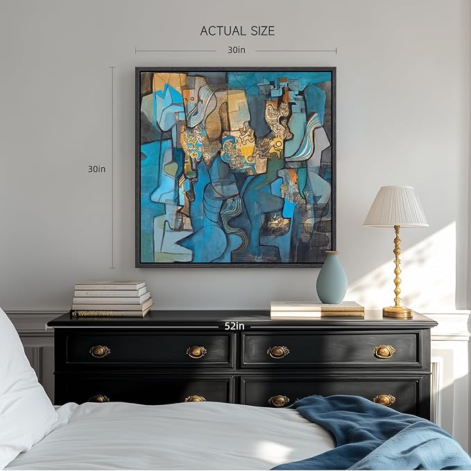 Large Framed Blue Modern Abstract Wall Art for Living Room, Canvas Paintings Artwork for Walls, Minimalist Art Prints Pictures for Hallway Bedroom Office Wall Decor -30x30 Inch