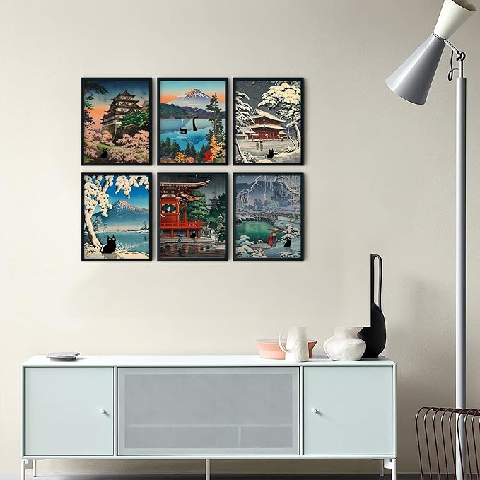 6 pcs Japanese Black Cat Wall Art Cute Japan Traditional Tsuchiya Koitsu Posters Prints Ukiyoe Japan Landscape Canvas Painting Vintage Colorful Japanese Pictures Wall Decor 12x16in Unframed