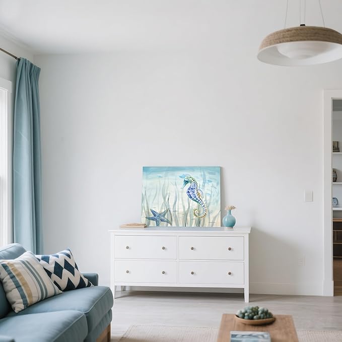 Ocean Wall Art Sea Life Wall Decor Costal Watercolor Seahorse Painting Blue Sea Animal Pictures Starfish Canvas Artwork for Bathroom Bedroom Home Decoration 36x24Inch