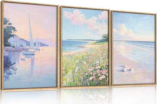 Aryroi Watercolor Coastal Ocean Wildflower Canvas Wall Art,Modern Beach Framed Wall Decor, Large Pink Sailboat Artwork,Dreamy Natural Seascape Art Print for Living Room,Bedroom,Farmhouse-16 x24 x3