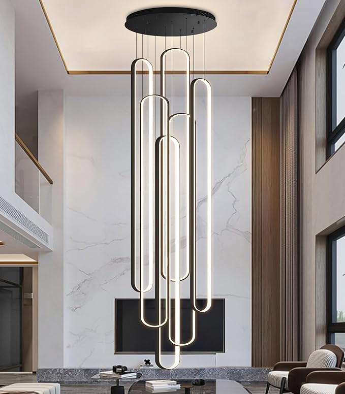 6 Rings Modern Large Chandelier for Staircase High Ceiling Chandelier LED Dimmable Black Chandeliers for Foyer Living Room Villa Black