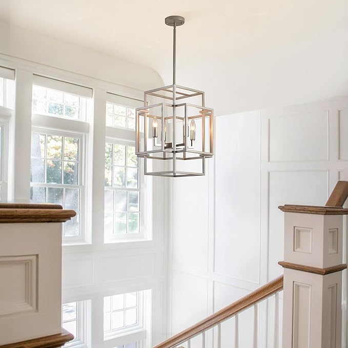 16.5" Modern Chandelier, 4-Light Farmhouse Foyer Lighting Fixtures, Hanging Kitchen Island Pendant Light, Industrial Sliver Lantern Pendant Lights, for Entryway Staircase Hallway