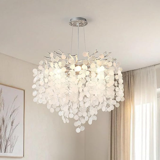 6-Light Capiz Shell Chandeliers, 18 Inch Modern Coastal Light Fixture for Living Room Bedroom, Round Crystal Tree Branch Pendant Lighting for Bathroom Foyer Kitchen Island, Silver