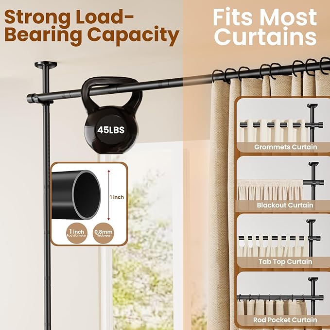 Bonpally Room Divider Curtain Rod, No Drilling Room Separator for Space Partition, 4-10ft (H) 28-70 inch(W) Adjustable Heavy Duty Temporary Wall Divider Floor to Ceiling Tension Rod, Black