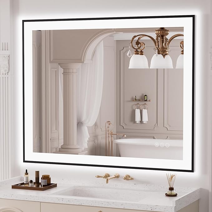 LOAAO 40"X32" LED Bathroom Mirror Black Framed, Anti-Fog, Dimmable, Lighted Bathroom Vanity Mirror for Wall, Memory Function, Tempered Glass
