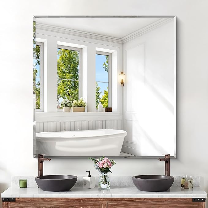 KOCUUY Beveled Mirror, 42x42 Inch Large Frameless Square Bathroom Mirror for Over Sink, Upgraded Shatterproof Beveled Unframed Design Mirror for Bathroom, Bedroom, Hang Horizontal/Vertical
