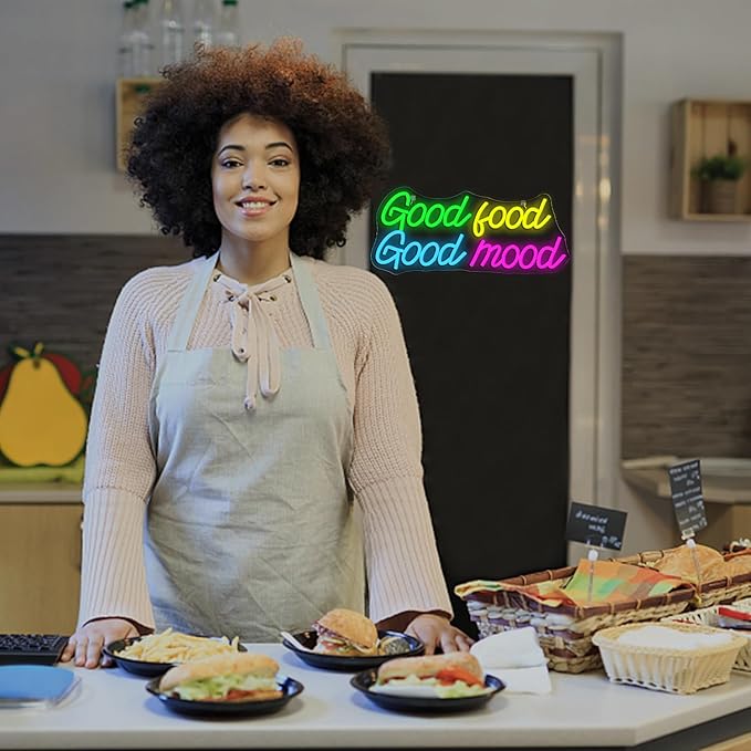 Looklight Good Food Good Mood Neon Sign Letter Neon Signs for Wall Decor Colorful Led Lights for Kitchen Fast Food Shop Cafe Restaurant Store Snack Shop Room Decorations Gifts