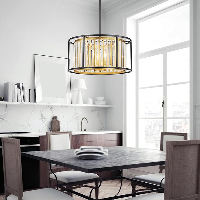 5-Light K9 Crystal Drum Chandeliers, Modern Pendant Light Fixture for Dining Room, Living Room, Bedroom, D18 x 12~58" Adjustable Height, Crystal Shade, Gold & Black Finish