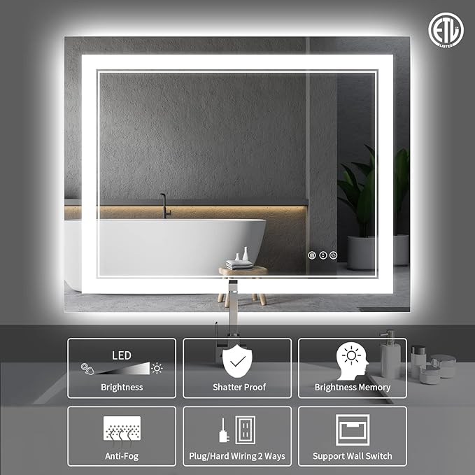 48x36 Inch Bathroom Mirror LED with Lights, Backlit and Front Lighted Anti-Fog Dimmable Memory Lighted Bathroom Vanity Mirror, Large Led Mirror for Bathroom
