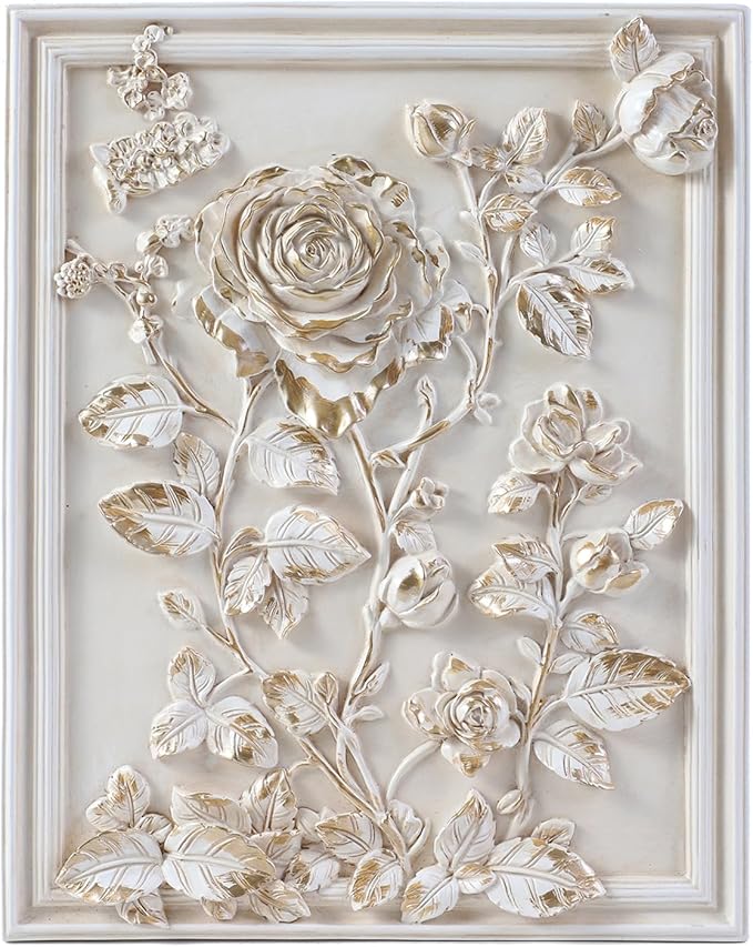 Kangce Vintage Wall Sculptures,Antique Wall Art with Hand-Carved Rose Pattern, Victorian Home Decor,for Living Room, Bedroom,Hallway Gallery,Rectangular,Off-White and Gold