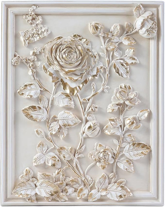 Kangce Vintage Wall Sculptures,Antique Wall Art with Hand-Carved Rose Pattern, Victorian Home Decor,for Living Room, Bedroom,Hallway Gallery,Rectangular,Off-White and Gold