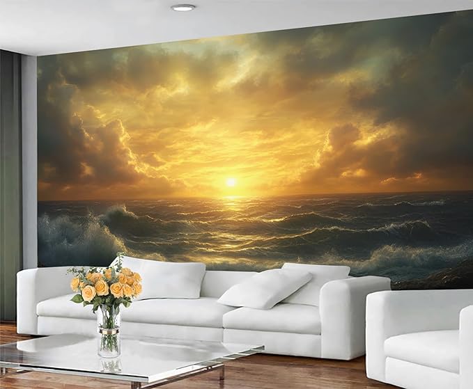 Coastal Mural Wallpaper, Ocean Sunset Murals, Ocean View Murals Wallpaper for Living Room Bedroom Home Decor Mural - 118" W x 82.9" H (Not Peel Stick)
