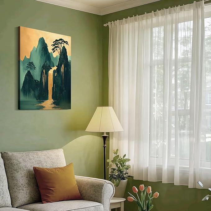 Framed Mountains Waterfall Oriental Landscape Green Gold Picture Wall Art Decor Canvas Print Modern Asian Zen Poster Gallery Bedroom Living Room Office 12x16 Inch Ready to Hang