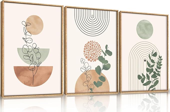 Boho Terracotta Green Framed Canvas Wall Art Set, Abstract Bohemian Wall Decor, Mid Century Modern Geometric Wall Painting, Neutral Botanical Art Print Living Room, Bedroom, Office 16"x24"x3