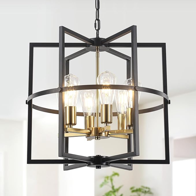 19'' Black and Gold Farmhouse Chandelier, Modern Rustic Pendant Light with Industrial for Dining Room, Kitchen Island, Entryway, Hallway