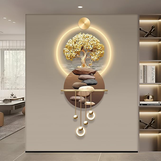 3D Art Wall Decor with Light, Art 3D Decor Wall Sculptures LED Modern Home Decors Picture Walls Light Chinese, Plug-in Power Supply, Gold T, 23x53IN