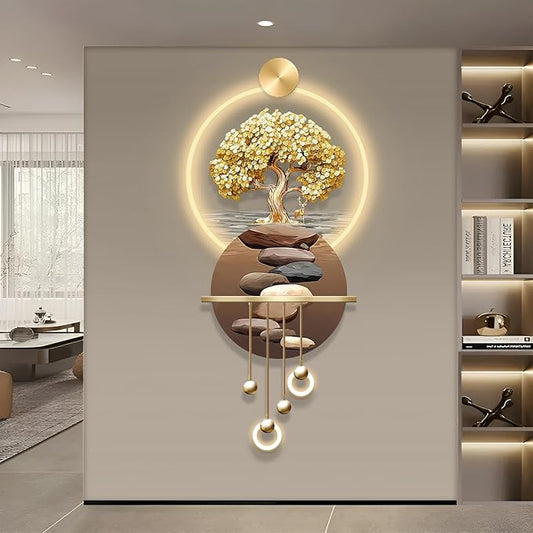 3D Art Wall Decor with Light, Art 3D Decor Wall Sculptures LED Modern Home Decors Picture Walls Light Chinese, Plug-in Power Supply, Gold T, 23x53IN