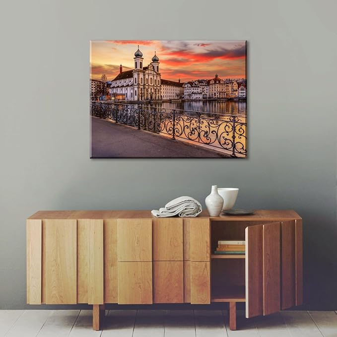 Mordern 1Pcs European Cityscape Canvas Wall Art Scenic Sunset Over River Cathedral with Domes Ready to Hang Architecture Romantic Travel Destination Decorative Framed Artwork for Living Rooms Bedrooms