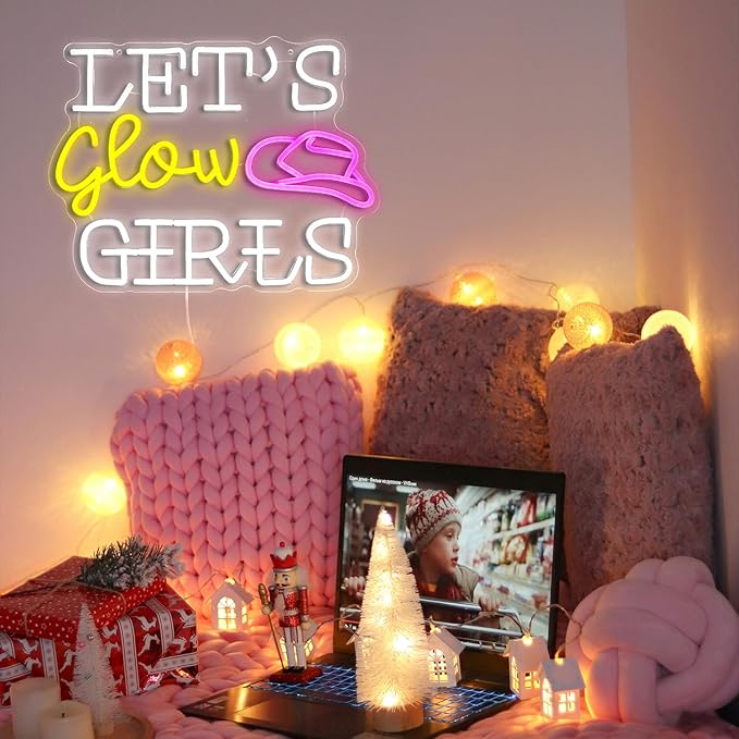 Let’s Glow Girls Neon Sign for Wall Decor 16.5‘’*12.2‘’ Light Up Sign Powered by USB Dimmable Led Cowboy Hat Neon Light for Girls Room Bedroom Party Wedding Gifts (White Yellow Pink)