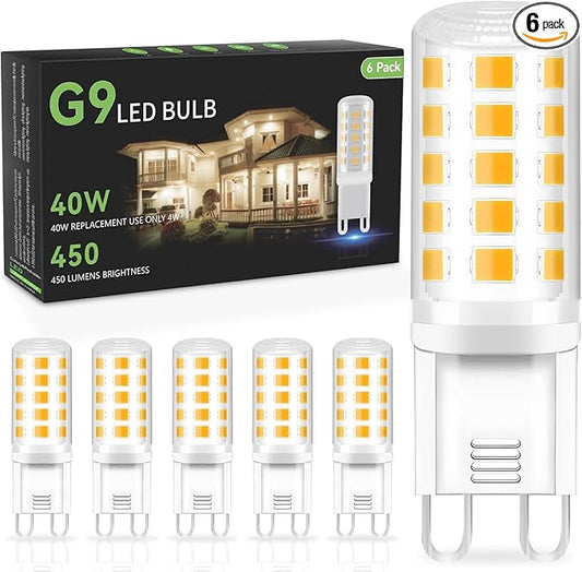 TJOY 6 Pack G9 LED Bulb 4W Equivalent 40 Watt, Replacement G9 Halogen Light Bulb, 3000K Soft Warm White, T4 Bi-pin Base, Small G 9 Socket for Chandelier, 120V, 450 Lumen, Non-dimmable