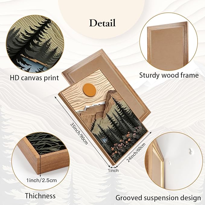 CHDITB Mountain Landscape Framed Canvas Wall Art Set, Forest Nature Wall Decor, Lake Pine Trees Artwork Country Woodcut Painting, Vintage Wilderness Art Prints For Living Room Bedroom Office 24"x36"x3