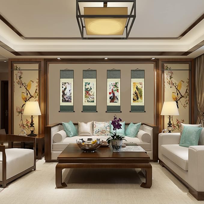 AtfArt Asian Wall Decor Beautiful Silk Scroll Painting Birds - Phoenix - Luan Xiang Feng Zhu Oriental Decor Chinese Art Wall Scroll Wall Hanging Painting Scroll (36.2 x 12 in)