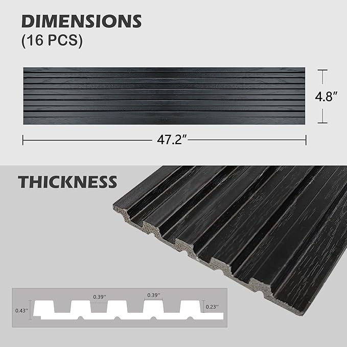 KASARO 3D Faux Wood Wall Panels - 16 Pack (47.2"x4.8") Fluted Slat Paneling for Walls & Ceilings, Adhesive or Nail Install, Waterproof Textured Decor - Living Room, Bedroom, Black