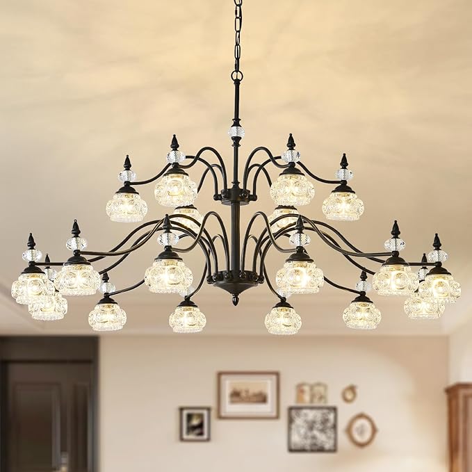 49 Inch 2 Tier Vintage Black Chandelier for Dining Room, 18-Light Antique Pendant Light Crystal Glass Shade, Modern Farmhouse Chandeliers for Foyer, High Ceiling, Hallway