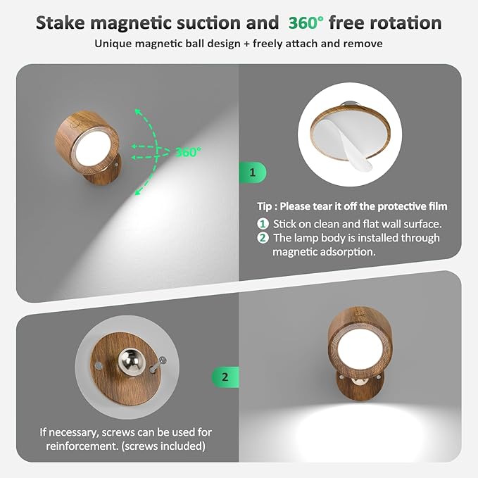 Lightbiz LED Wall Lights, Wall Sconces 3 Pcs with Remote Rechargeable Battery Operated, 3 Color Temperatures & Dimmable Wall Lamp Magnetic 360° Rotation Light for Bedroom Living Room