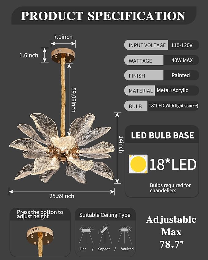 Modern Tree Branch Leaf Chandelier, 18-Light 25.59" Luxury Gold Pendant Lighting, LED 40W 3000K Warm White Chandeliers, Adjustable Height for Living Room, Dining Room, Bedroom, Kitchen Island