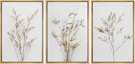 MUDECOR Framed Canvas Print Wall Art Wildflower Floral Botanical Prints Minimalist Wall Art Modern Farmhouse for Bedroom - 16"x24"x3 Natural